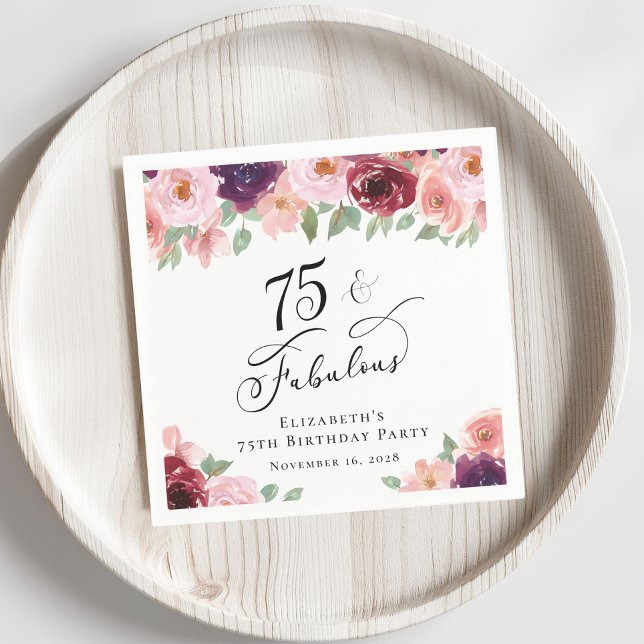 Elegant Floral 75th Birthday Party Napkin (Creator Uploaded)