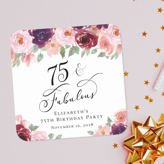 Elegant Floral 75th Birthday Party Square Paper Coaster (Creator Uploaded)