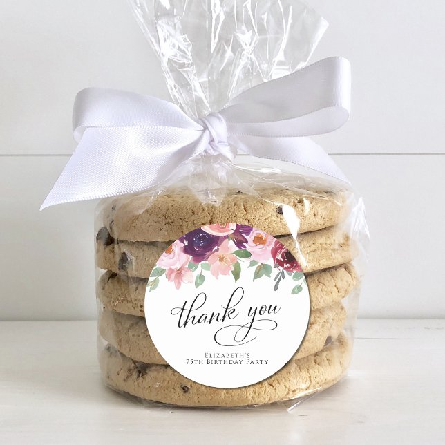 Elegant Floral 75th Birthday Party Thank You Classic Round Sticker (Creator Uploaded)