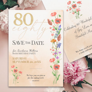 Elegant Floral 80th Birthday, 80 Years Watercolor Save The Date
