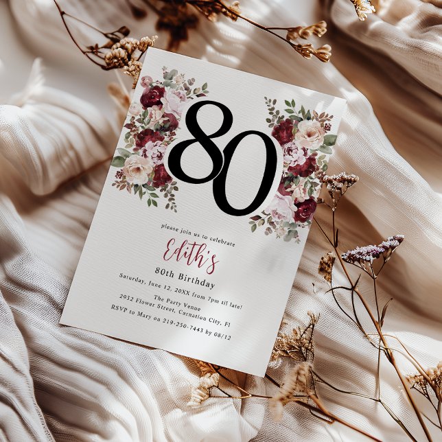 Elegant Floral 80th Birthday Invitation (Creator Uploaded)