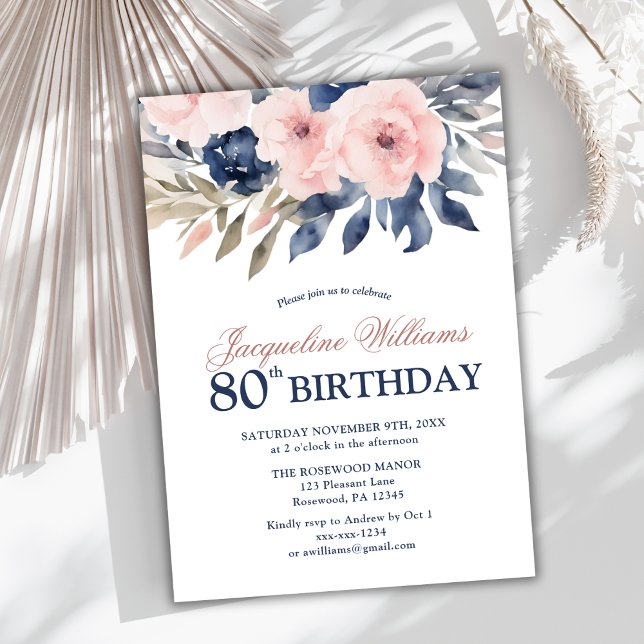 Elegant Floral 80th Birthday Invitation (Creator Uploaded)