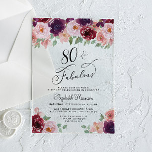 Elegant Floral 80th Birthday Party Acrylic Invitations