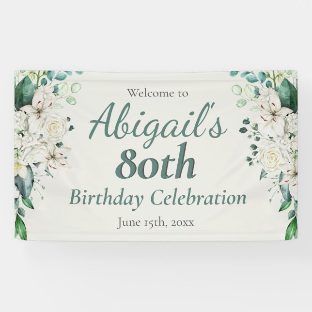 Elegant Floral 80th Birthday Party Any Age Banner (Horizontal)