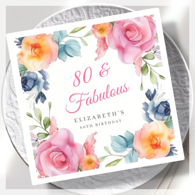 Elegant Floral 80th Birthday Party  Napkin (Creator Uploaded)
