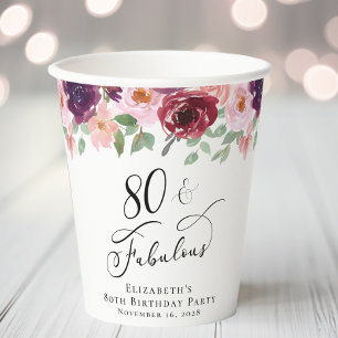 Elegant Floral 80th Birthday Party Paper Cups