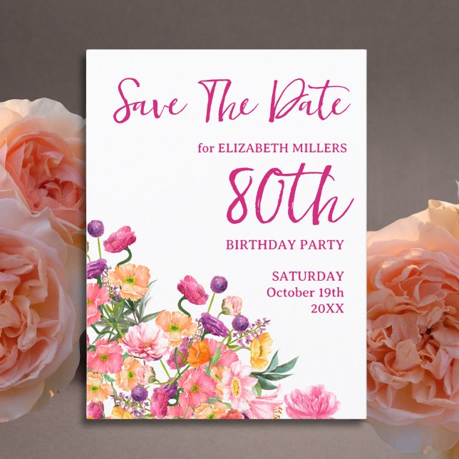 Elegant Floral 80th Birthday Party Save The Date Announcement Postcard (Creator Uploaded)