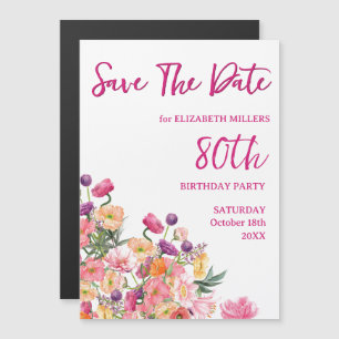 Elegant Floral 80th Birthday Party Save The Date Magnetic Invitation