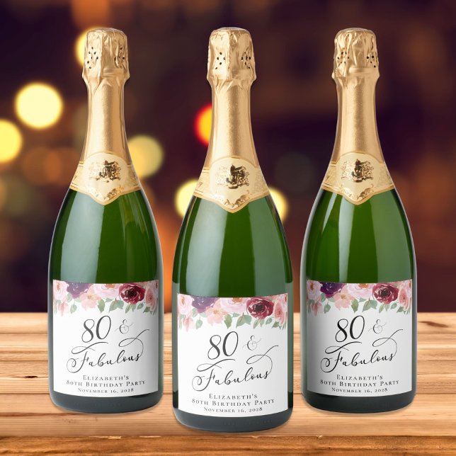 Elegant Floral 80th Birthday Party Sparkling Wine Label (Creator Uploaded)