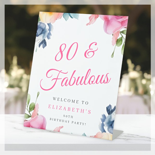 Elegant Floral 80th Birthday Party Welcome Pedestal Sign (Creator Uploaded)