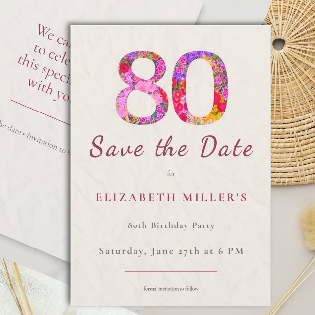 Elegant Floral 80th Birthday Save the Date Card (Creator Uploaded)