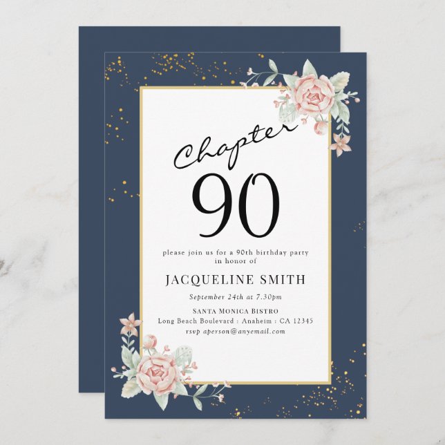 Elegant Floral 90th birthday Invitation (Front/Back)