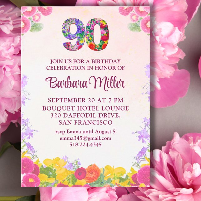 Elegant Floral 90th Birthday Party - 90 Years Invitation (Creator Uploaded)