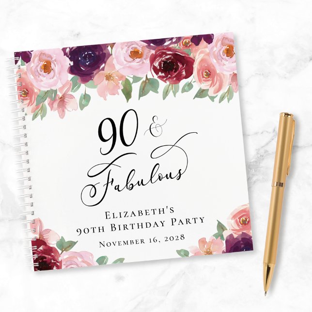 Elegant Floral 90th Birthday Party Guest Book (Creator Uploaded)