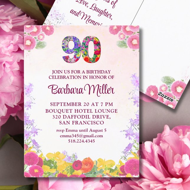 Elegant Floral 90th Birthday Party Invitation Postcard (Creator Uploaded)