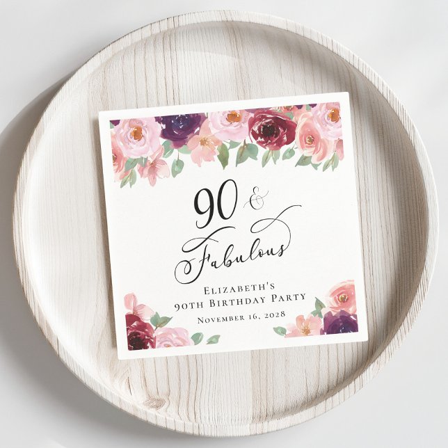 Elegant Floral 90th Birthday Party Napkin (Creator Uploaded)