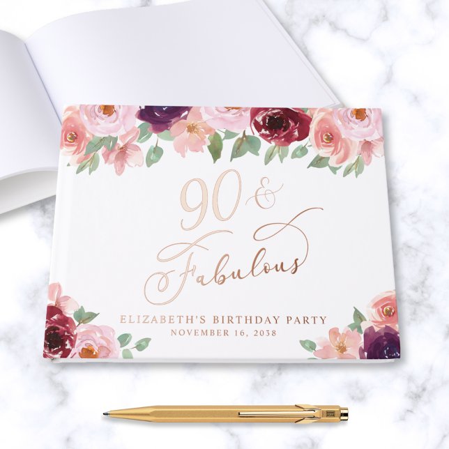 Elegant Floral 90th Birthday Party Rose Gold Guest Book (Creator Uploaded)