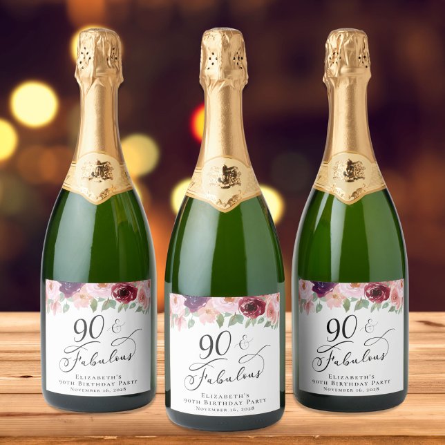 Elegant Floral 90th Birthday Party Sparkling Wine Label (Creator Uploaded)