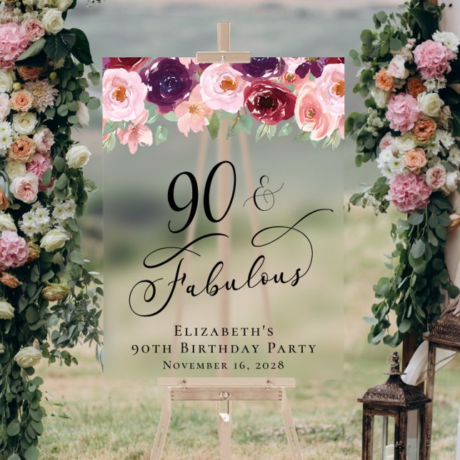 Elegant Floral 90th Birthday Party Welcome Clear Acrylic Sign (Creator Uploaded)