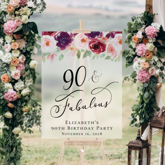 Elegant Floral 90th Birthday Party Welcome Frosted Acrylic Sign (Creator Uploaded)