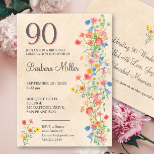 Elegant Floral 90th Birthday Party Wildflowers Invitation