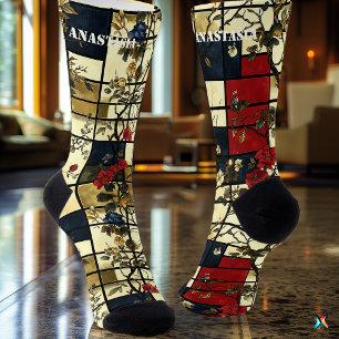 Elegant Floral Abstract with Geometric Design Socks