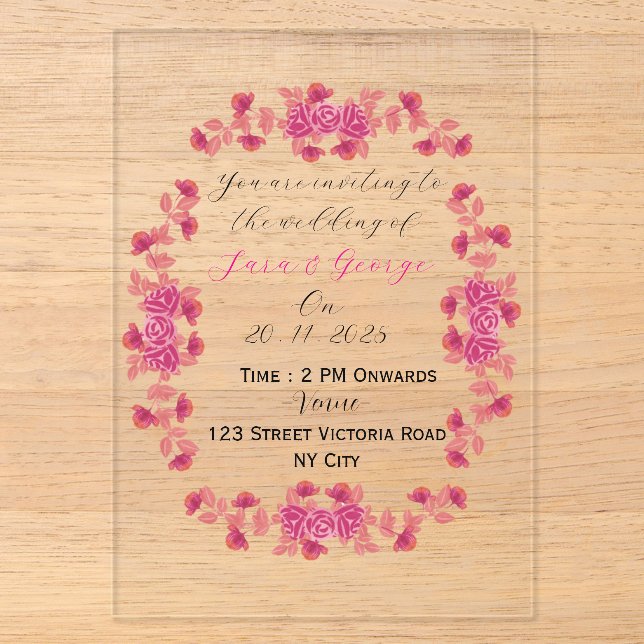 Elegant Floral Acrylic Wedding Invitation  (Front)