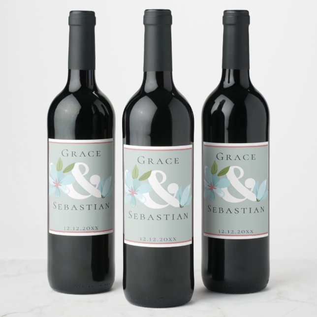 Elegant Floral Ampersand Wedding Wine Label (Bottles)