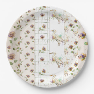 Elegant Floral and Bird Seamles Paper Plate