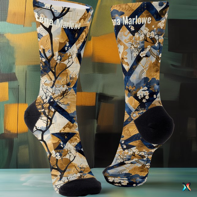 Elegant Floral and Blue Patchwork – Personalised Socks (Creator Uploaded)