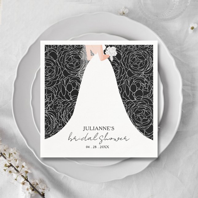 Elegant Floral and Bride on Black Bridal Shower Napkin (Elegant bride in her gown on a background of sketched roses on black bridal shower napkins)