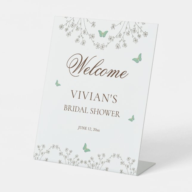 Elegant floral and Butterfly Bridal Shower Welcome Pedestal Sign (Front)