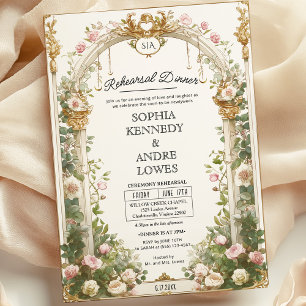 Elegant Floral and Gold Arch Rehearsal Dinner Invitation