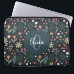 Elegant Floral and Modern Monogram Botanical Laptop Sleeve<br><div class="desc">This elegant and modern floral laptop sleeve design features cute orange,  green and blue flowers,  with green botanical plants and a navy blue background,  and has space for you to add a name and initial in a hand-written font. The perfect chic colourful monogram gift for any flower lover.</div>