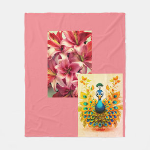 "Elegant Floral and Peacock Print Fleece Blanket