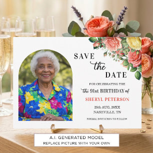 Elegant Floral and Photo 91st Birthday Party Save The Date