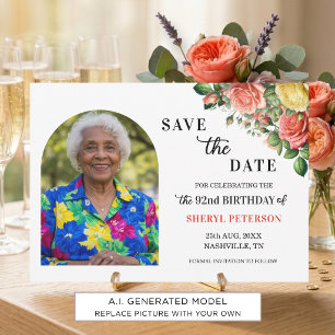 Elegant Floral and Photo 92nd Birthday Party Save The Date