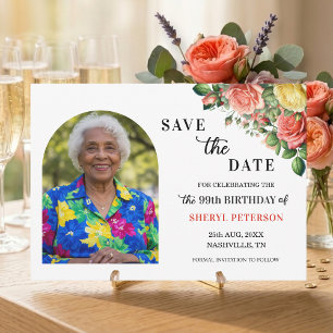 Elegant Floral and Photo 99th Birthday Party Save The Date