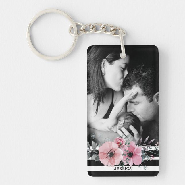 Elegant Floral and Stripes Custom Photo Key Ring (Front)