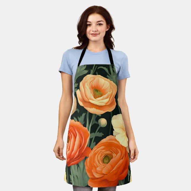 Elegant Floral Apron (orange, peach, black) (Worn)