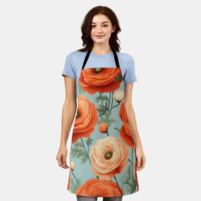 Elegant Floral Apron (Peach, Orange, Blue) (Worn)