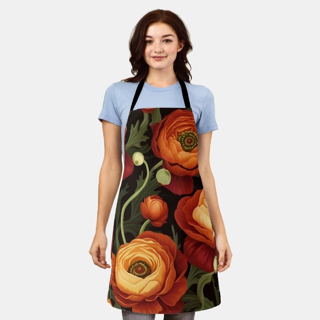 Elegant Floral Apron (Rust, Orange, Peach, Black) (Worn)