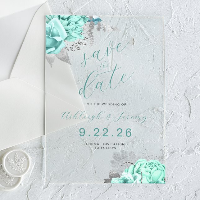 Elegant Floral Aqua Silver Save the Date Acrylic Invitations (Creator Uploaded)