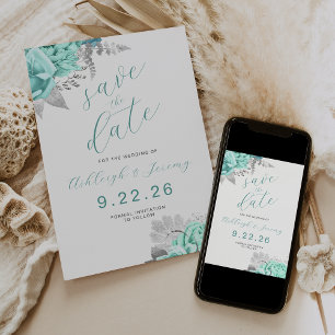 Elegant Floral Aqua Silver Save the Date Invitation