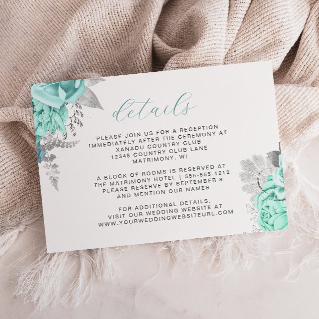 Elegant Floral Aqua Silver Script Wedding Details Enclosure Card (Creator Uploaded)