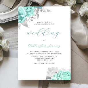 Elegant Floral Aqua Silver Script Wedding Invitation