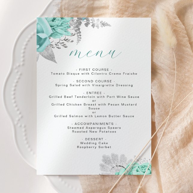 Elegant Floral Aqua Silver Wedding Menu (Creator Uploaded)