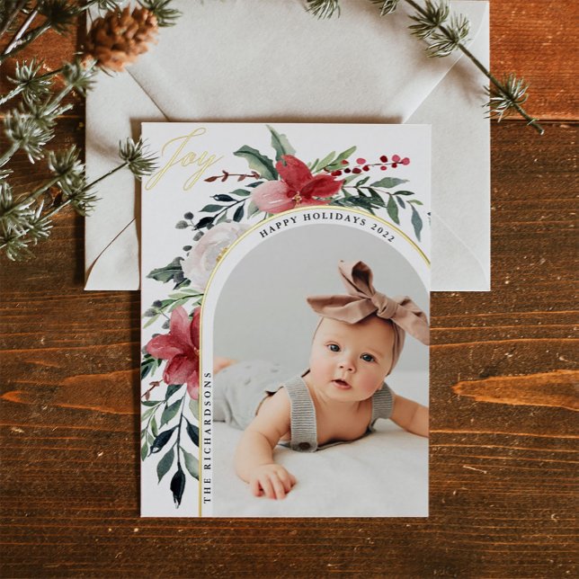 Elegant Floral Arch and Photo Foil Holiday Postcard (Creator Uploaded)