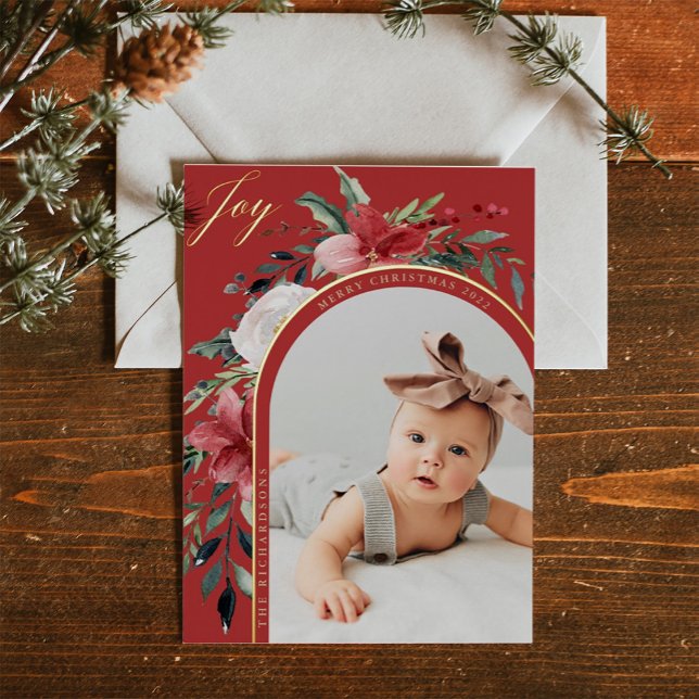 Elegant Floral Arch and Photo Foil Holiday Postcard (Creator Uploaded)