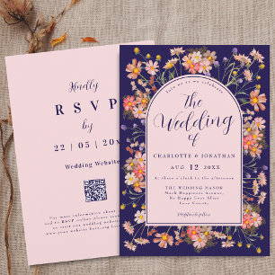 Elegant Floral Arch Navy Blue Blush Pink Wedding Invitation